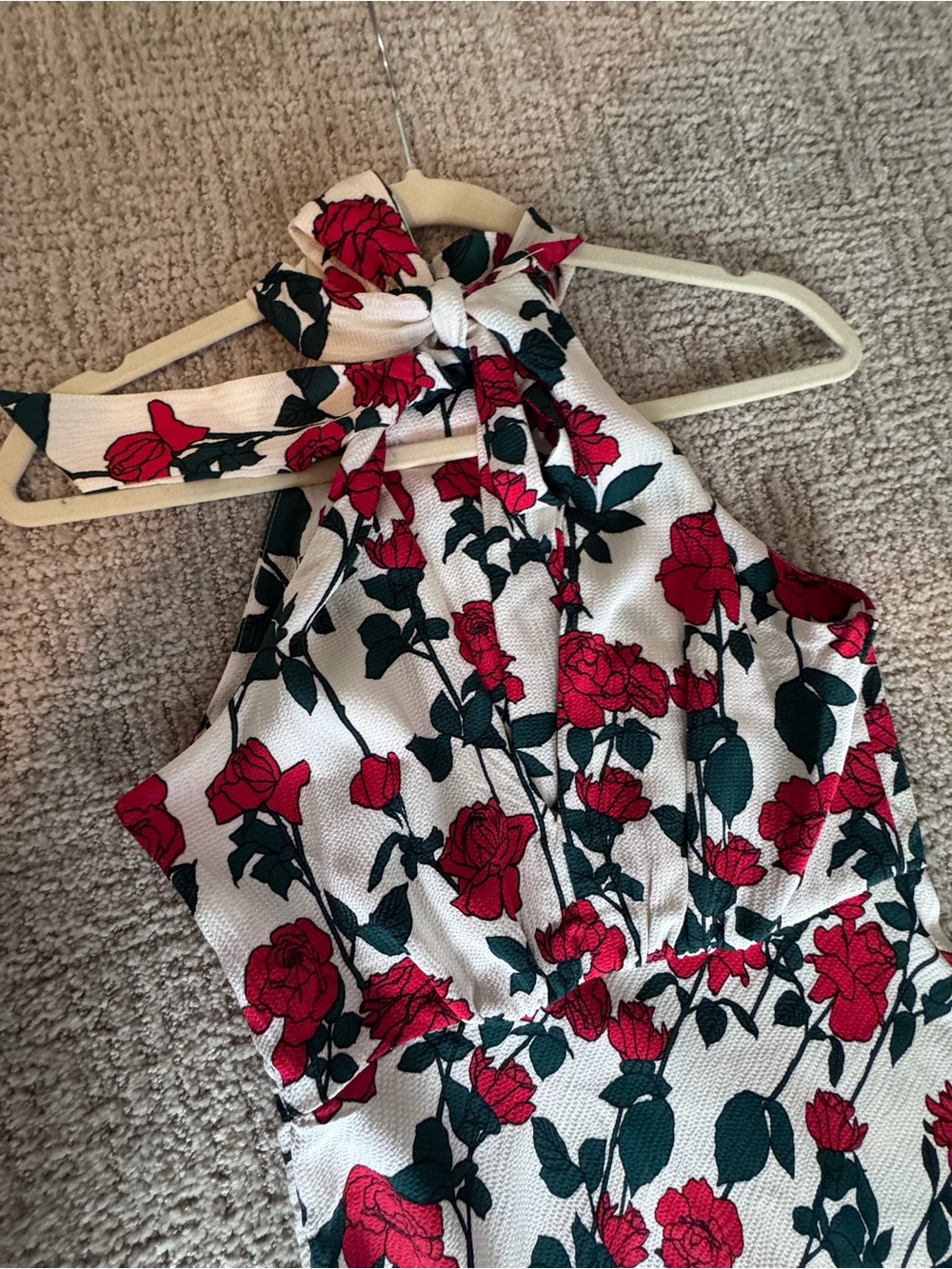 Women’s White Halter Dress with Red Rose Print, Derby dress, size small